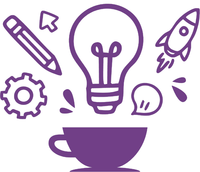 Creative work illustration with teacup, lightbulb, gear, rocket, and pencil